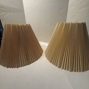 Vintage Quoizel Large Round Pleated Cream Fabric Lamp Shade Pair  8" x 13" x 16"